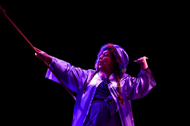 A woman with pigtails and glasses, wearing a purple cape and hood, pointing a straw broom in the air.
