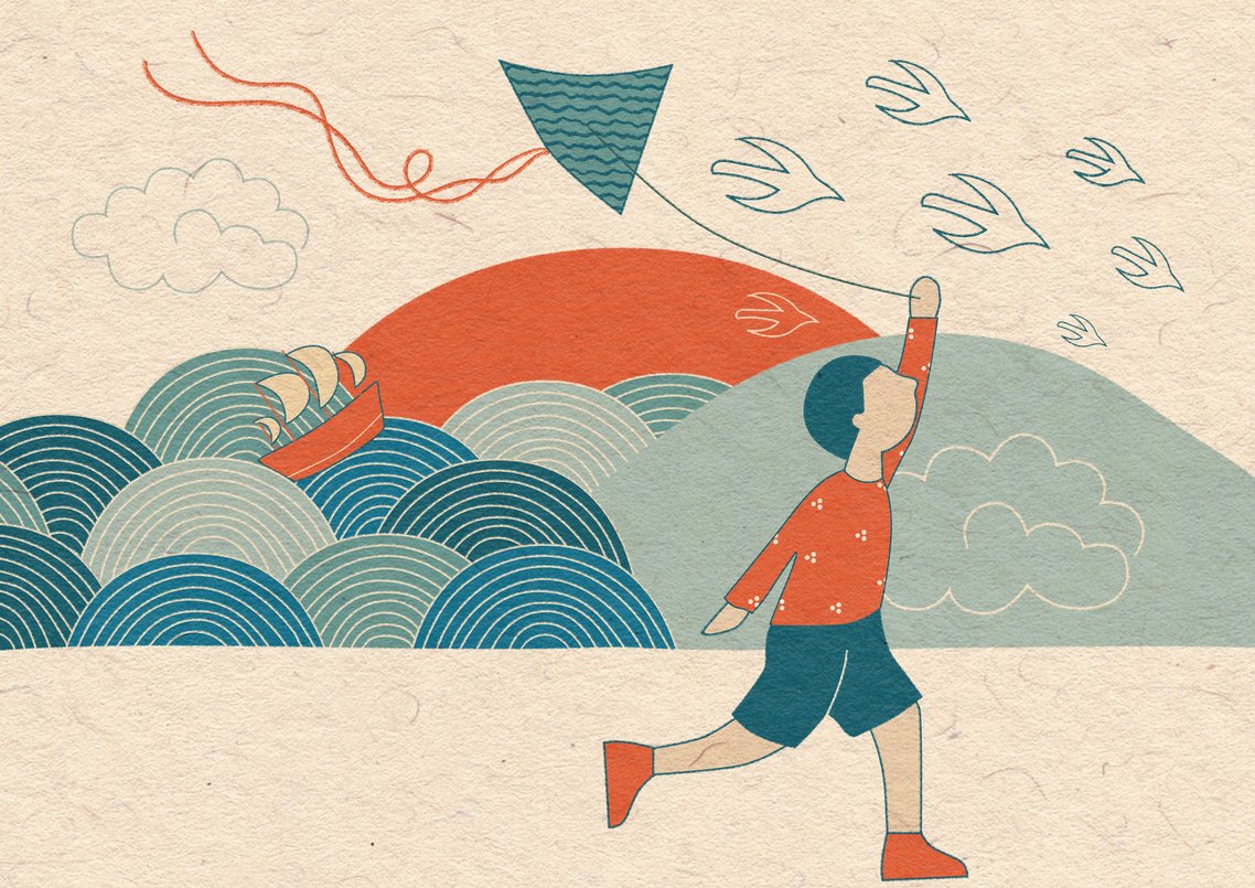 An illustration of a young boy flying a kite