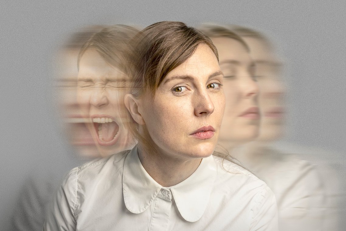 Woman in a white collared shirt with a series of blurred overlayed images of her showing expressions of emotion, ranging from neutral to screaming.