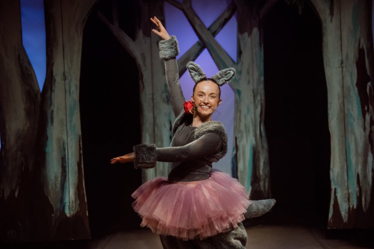 A young woman dressed as a kangaroo, wearing a pink tutu. She is striking a ballet pose and has a red rose in her mouth.