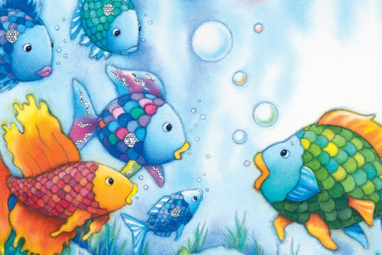 A watercolor illustration of several colourful, patterned fish swimming underwater among bubbles and seaweed.