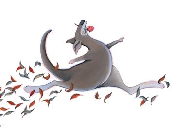 An illustration of a kangaroo leaping, as if a ballet dancer.
