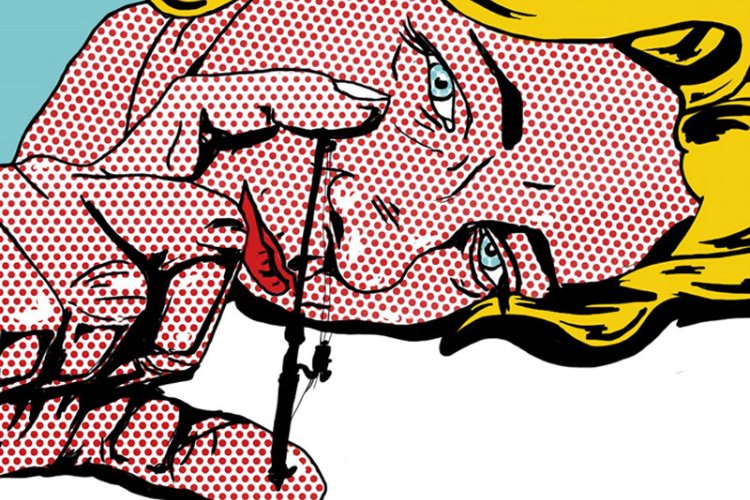 Pop art illustration of a woman in close-up, with blonde hair, blue eyes, and red dotted pattern on her skin and clothing. She is holding a small black fishing rod between her fingers.