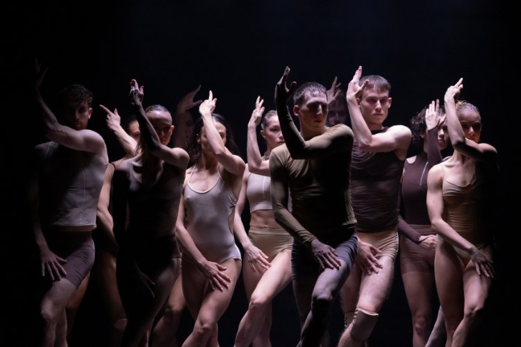 A group of dancers, are shown performing a contemporary dance piece against a dark backdrop, illuminated by stage lighting. They are dressed in a variety of neutral-toned costumes