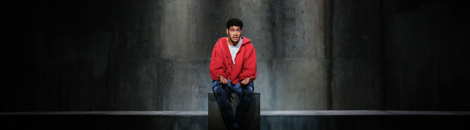 A young man in a red hooded jacket and plaid pants sits on a dark cube in a dimly lit, industrial-looking space with a concrete background and overhead lights.