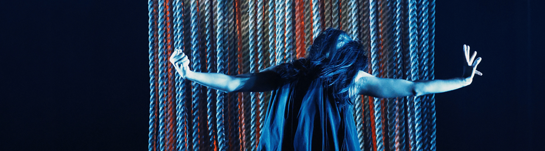 A dancer in a dark costume with long dark hair is posed with arms outstretched against a backdrop of vertical ropes illuminated with blue and orange lights.