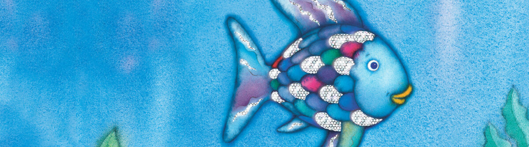 A blue cartoon fish with rainbow-colored scales swims in blue water, with green underwater plants visible on the left and right.