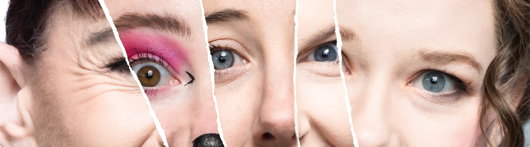 A woman's face, divided into five sections by torn paper, each portraying a different emotion or look: theatrical clown makeup on left, natural expressions transitioning to a sad look on the right,