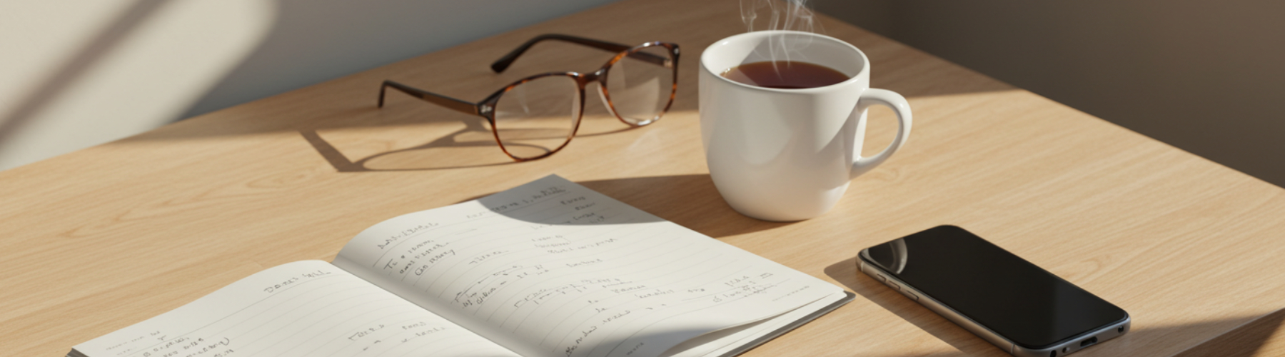 A notebook, cup of tea, reading glasses and mobile phone on a desk