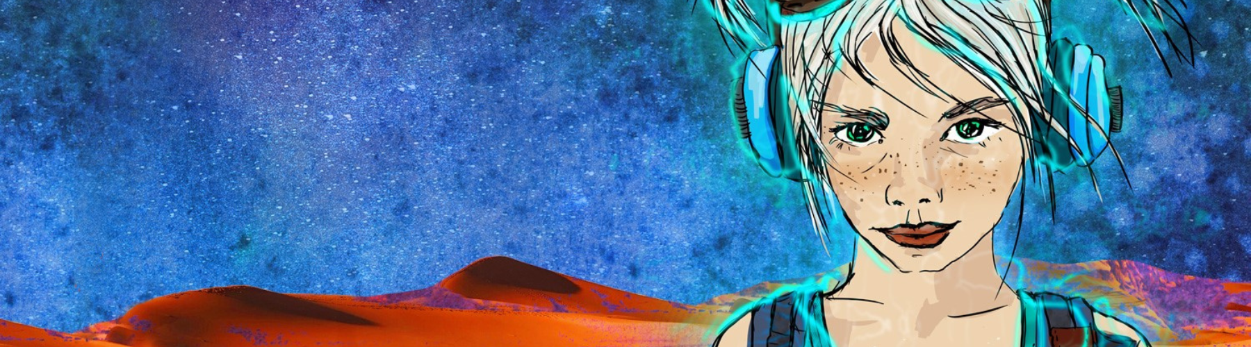 Digital illustration of a young woman with white hair and freckles wearing glowing blue headphones, set against a background of a starry sky and a desert landscape.