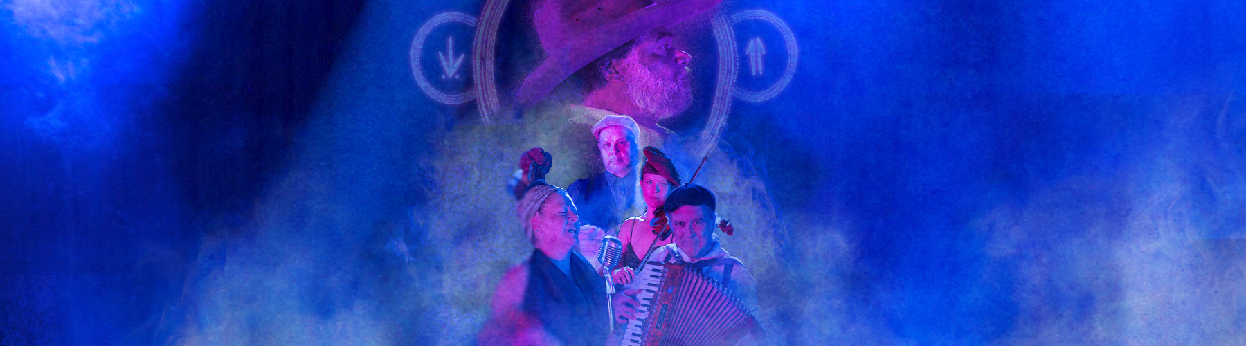 A musical ensemble performs on a stage with dramatic blue lighting and smoke effects, featuring musicians playing an accordion and a violin.
