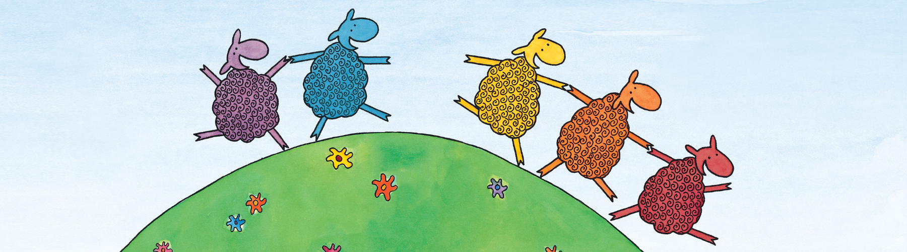 Illustration of five cartoon sheep in different colours, holding hands and skipping down a green grassy hill, with a blue sky background and colourful flowers scattered on the hill.